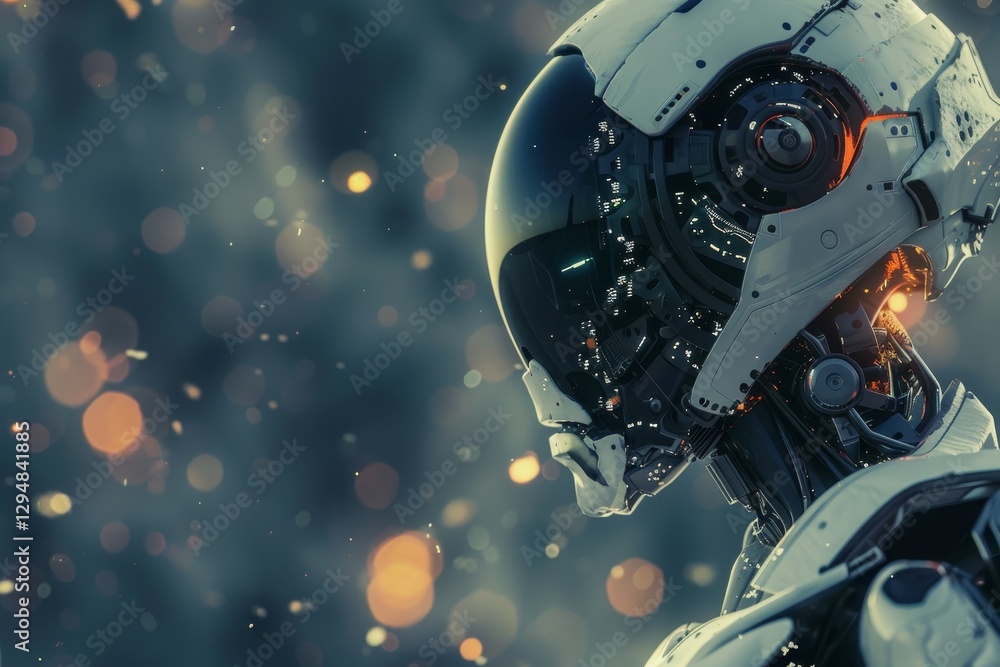 Poster close-up of an advanced ai robots head, showcasing its intricate design and hinting at its newfound 