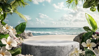 Empty mock-up pedestal with natural stone and concrete podium as a background for showcasing cosmetic products on a tropical beach with flowers and green leaves