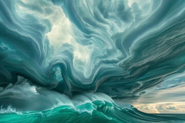 An abstract image of billowing clouds, resembling ocean waves, in a turquoise sky, Billowing clouds rolling like waves in the sky