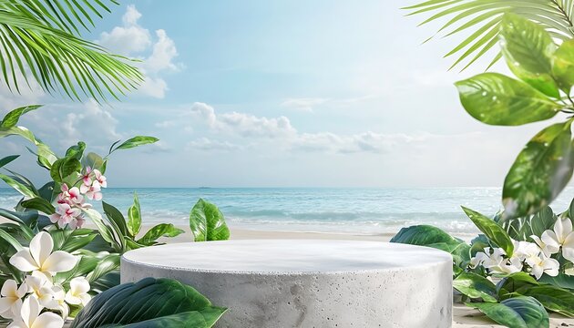 Empty mock-up pedestal with natural stone and concrete podium as background for showcasing cosmetic products on a tropical beach with flowers and green leaves