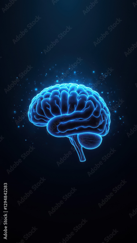 Poster brain with blue glowing particles, symbolizing artificial intelligence or advanced cognition.
