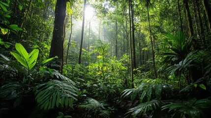 Fototapeta premium Lush Green Rainforest Sunlight Beams Through Dense Foliage