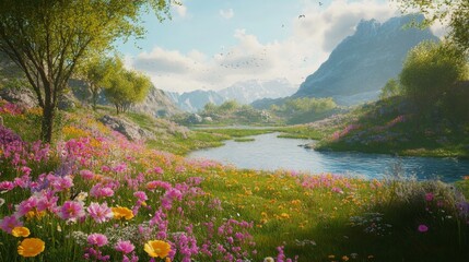 A peaceful valley with a river and wildflowers, photorealistic