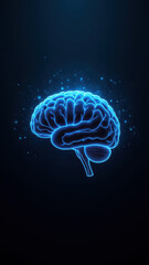 Brain with blue glowing particles, symbolizing artificial intelligence or advanced cognition.