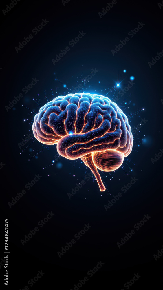 Poster a stylized representation of a human brain with a neural network motif set against a digital backgro
