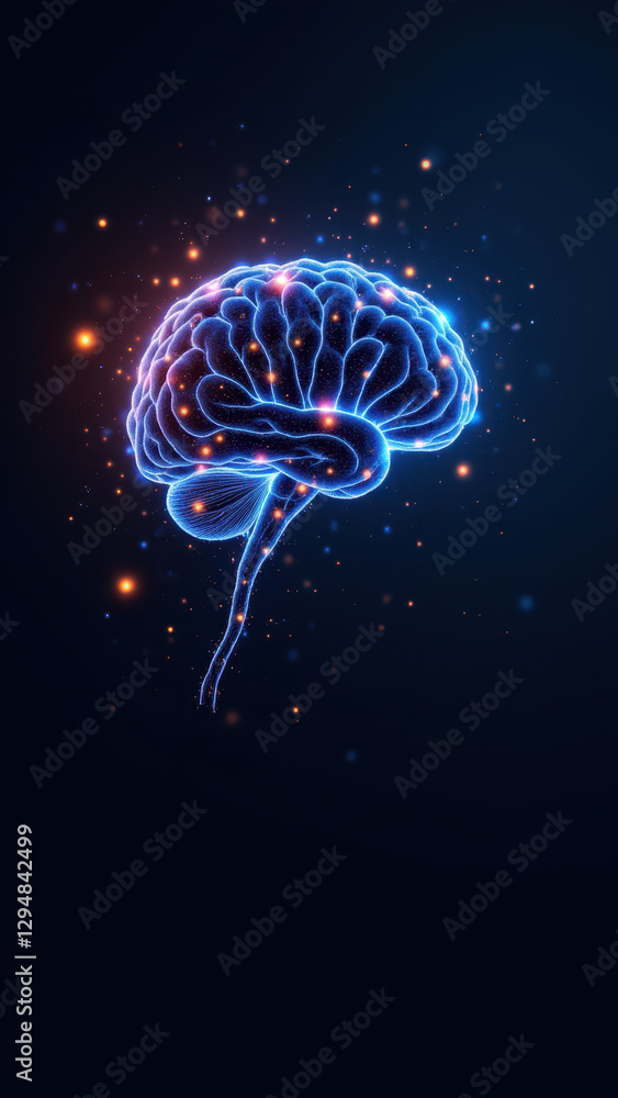 Poster 3d rendering of a human brain with glowing blue neural pathways, symbolizing artificial general inte