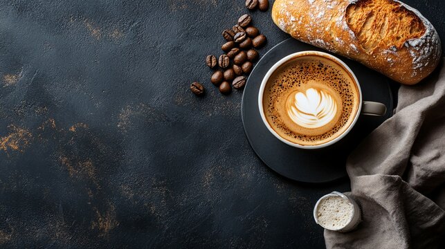 A delicious coffee and bread arrangement on a dark surface