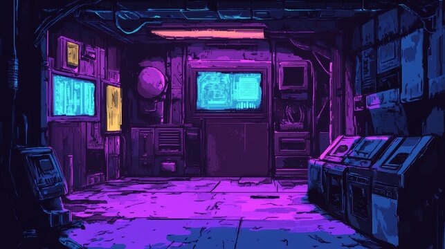 Cyberpunk retro room with neon lights and futuristic interfaces