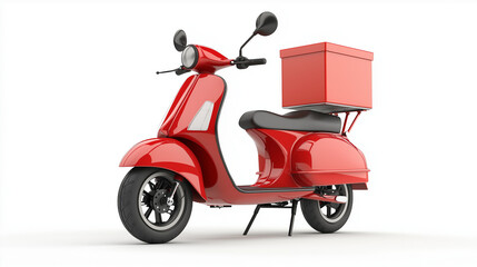 Obraz premium a close up of new delivery scooter in red color and black two wheels with red food box isolated on white background