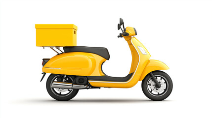 a close up of delivery scooter  in yellow color and black  two wheels with yellow food box isolated on white background