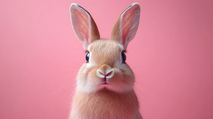 Obraz premium Photo of a little bunny, on a soft pink background Easter theme