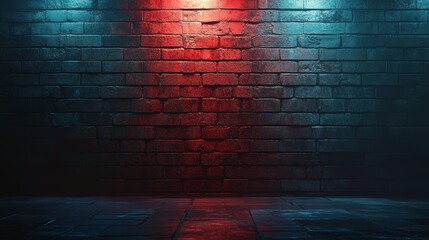 Dramatic brick wall illuminated with contrasting red and blue lights