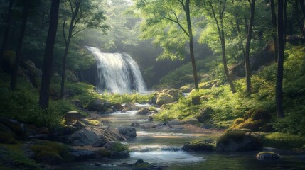 Obraz premium Sunlit Waterfall in Lush Green Forest