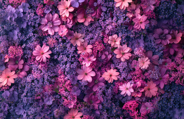 Obraz premium A vibrant arrangement of pink and purple flowers creating a lush, colorful backdrop.