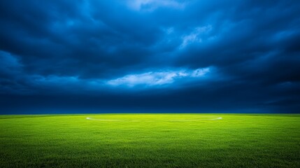 Eerie ultimate frisbee field backdrop with moody, stormy sky above the verdant turf