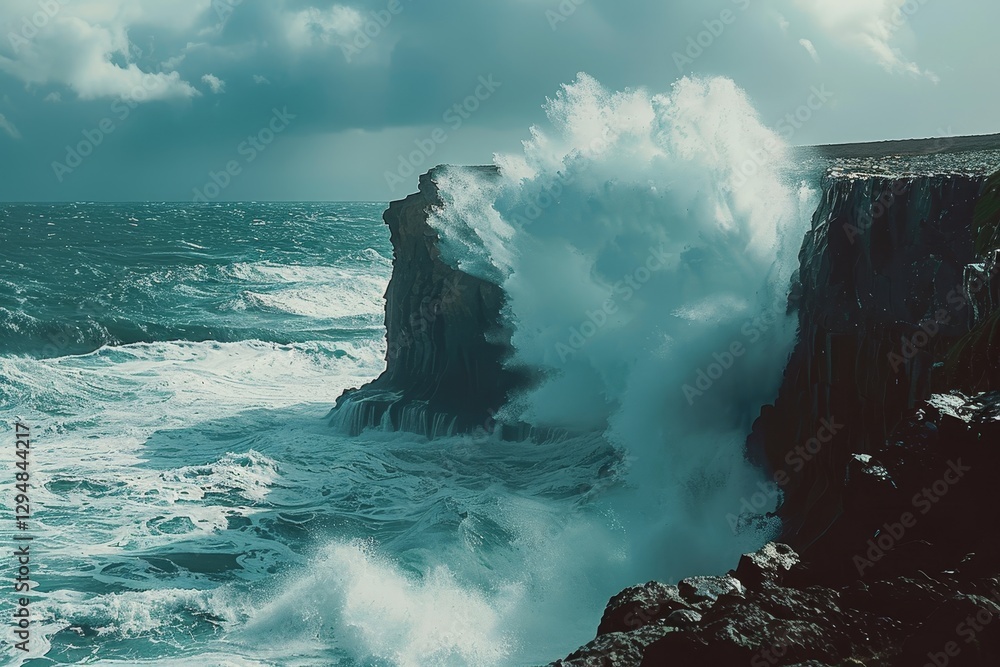 Poster a powerful wave crashes against a rugged cliff, creating a dramatic scene under a cloudy sky, waves 