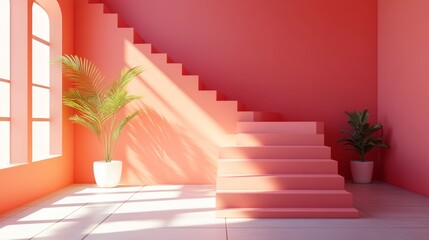 Obraz premium Elegant interior with pink stairs, tropical plant and sunlit window, evoking tranquility and minimalist design