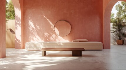 Elegant interior with coral walls, modern furniture, and natural sunlight creating a serene and inviting space