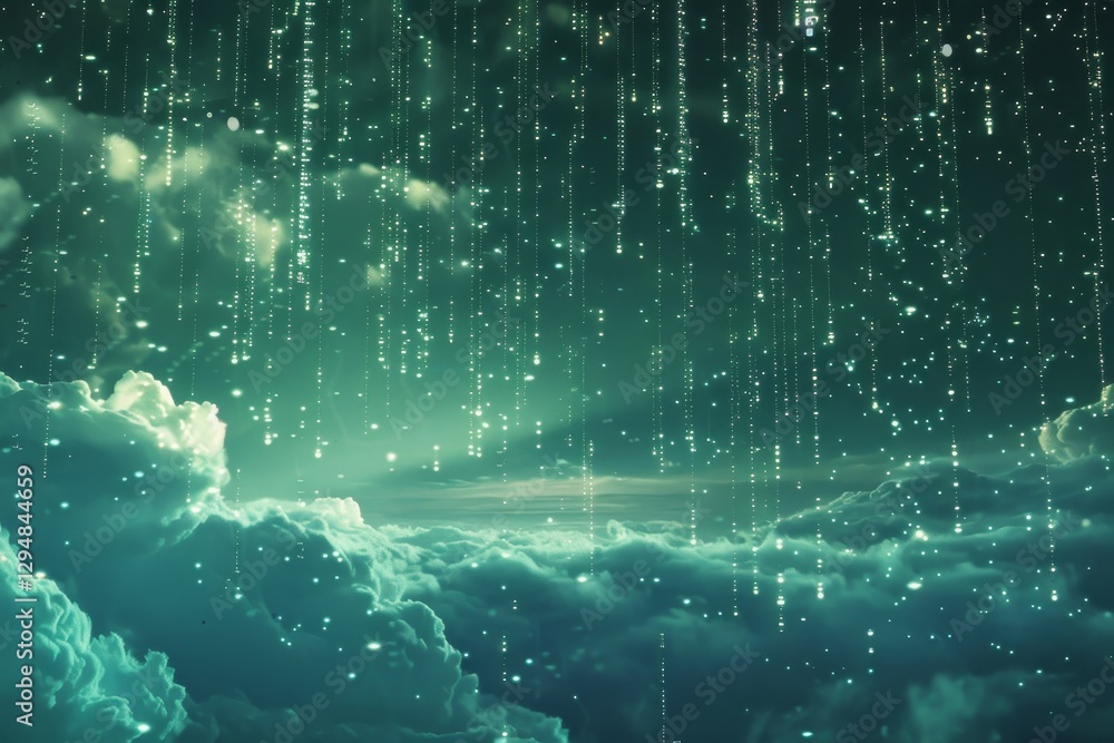 Poster a digital rain of binary code falls from the clouds onto a distant horizon at night, binary code rai