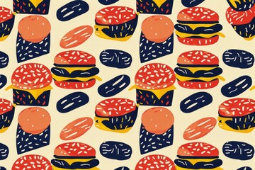 A vibrant pattern featuring stylized burgers and abstract shapes inspired by Topaz packaging, A patterned design inspired by the iconic packaging of a popular fast food chain