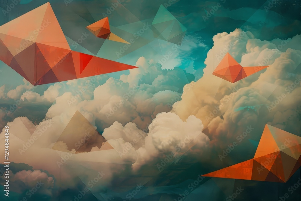 Poster surreal dreamscape with floating geometric shapes against a backdrop of dreamy clouds, surreal dream