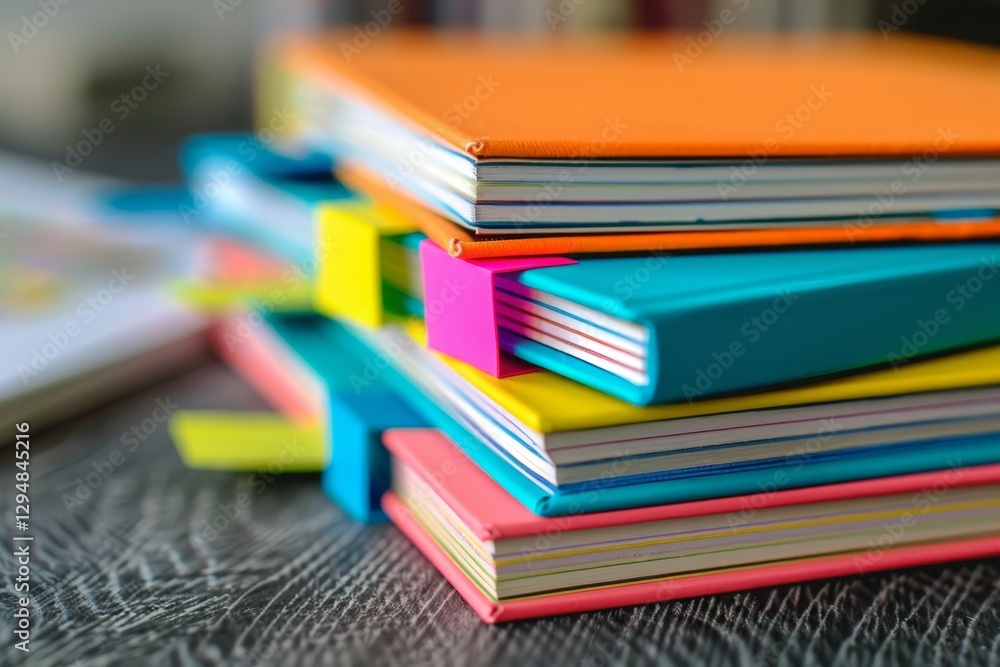Poster a stack of colorful textbooks with bookmarks on a wooden surface, a stack of textbooks with colorful