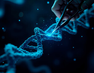 Genome editing using CRISPR. 3D-rendered visualization of a DNA strand being cut and edited with glowing molecular scissors.