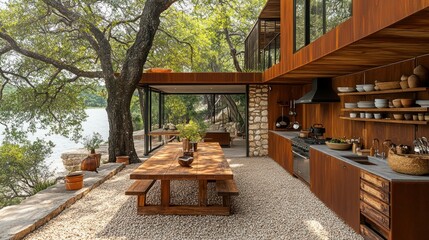 Lakeside Cabin Outdoor Kitchen Dining