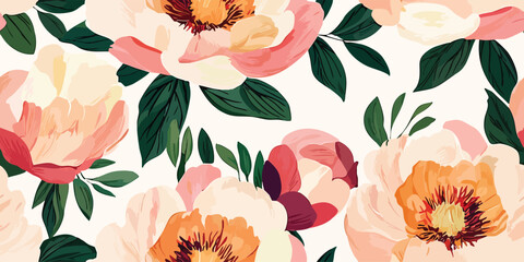 Peony floral seamless pattern. Elegant flower repeat background for design, packaging, fabric, wallpaper, branding, stationery, wrapping paper, interior