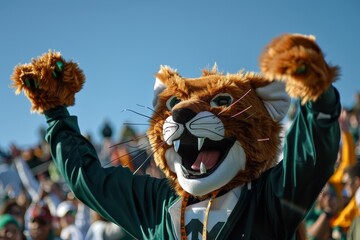 A school mascot wearing a green and brown costume cheers on a sports team during a game in front of a crowd of fans, A school mascot cheering on a sports team