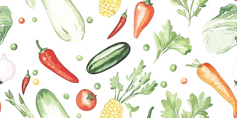 Watercolor vegetable seamless pattern. Elegant food repeat background for kitchen, restaurant, design, packaging, fabric, wallpaper, branding, stationery, wrapping paper, interior