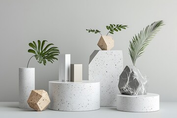 Geometric podiums arranged for product display on a light gray backdrop, emphasizing modern minimalism