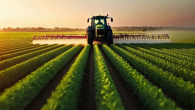 A tractor distributes fertilizer while navigating rows of vibrant crops on a warm evening under the setting sun