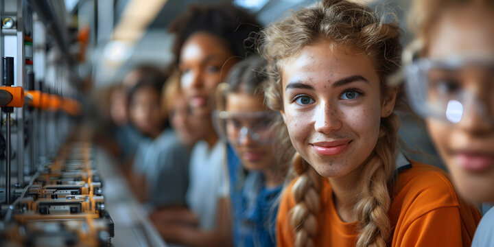 Adolescente rubia sonriente mirando a la camara adentro de su salon de clases