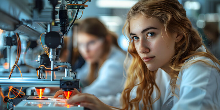 Joven y guapa mujer en la universidad imprimiendo algo en una impresora 3d