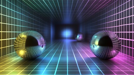 Futuristic Isometric Abstract Background with Neon Grid and Glowing Spheres