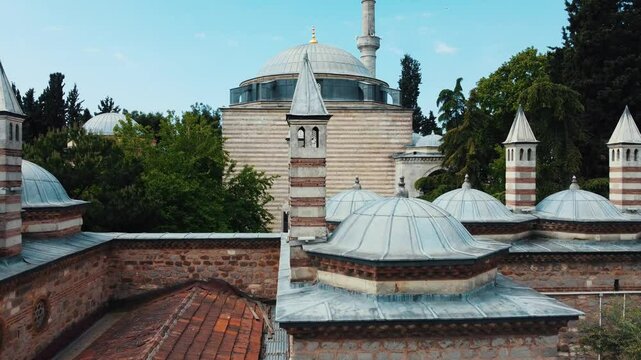 The drone rises above the &Ccedil;oban Mustafa Pasha Complex. This magnificent structure stands out with its stonework, lead-covered domes and elegant minaret.