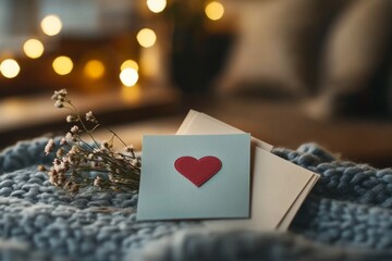 Gift box with red heart card on wooden table with fairy lights