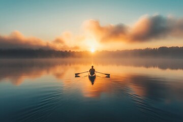 Fototapeta premium Tranquil lake with misty sunrise and reflection on water