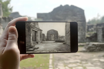 AR interface overlaying historical site reconstructions