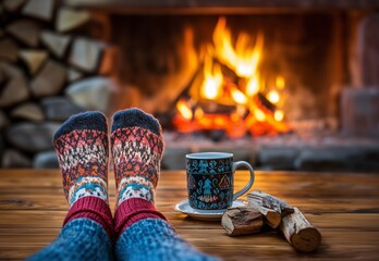 Photograph of a feet wearing wool socks, with a coffee mug on the table in front of a fireplace, in a winter scene. The scene evokes tranquil place free from troubles of modern world.