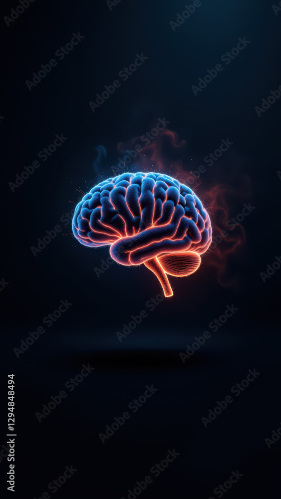 Poster a 3d rendered illustration of a human brain with elements of artificial intelligence, highlighted by