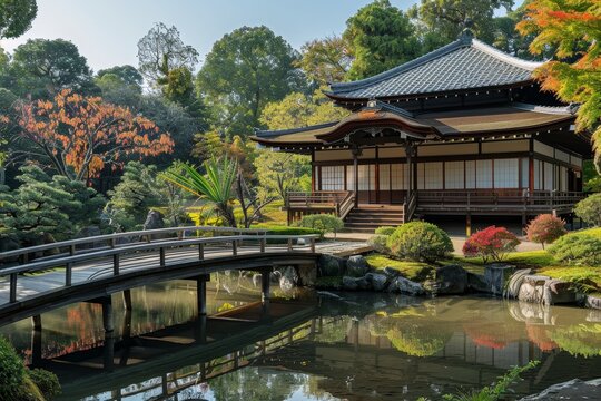 A tranquil Japanese garden with a wooden bridge spanning a serene pond, leading to a traditional building, Depict a tranquil Japanese garden with a traditional tea house and wooden bridges - Powered by Adobe