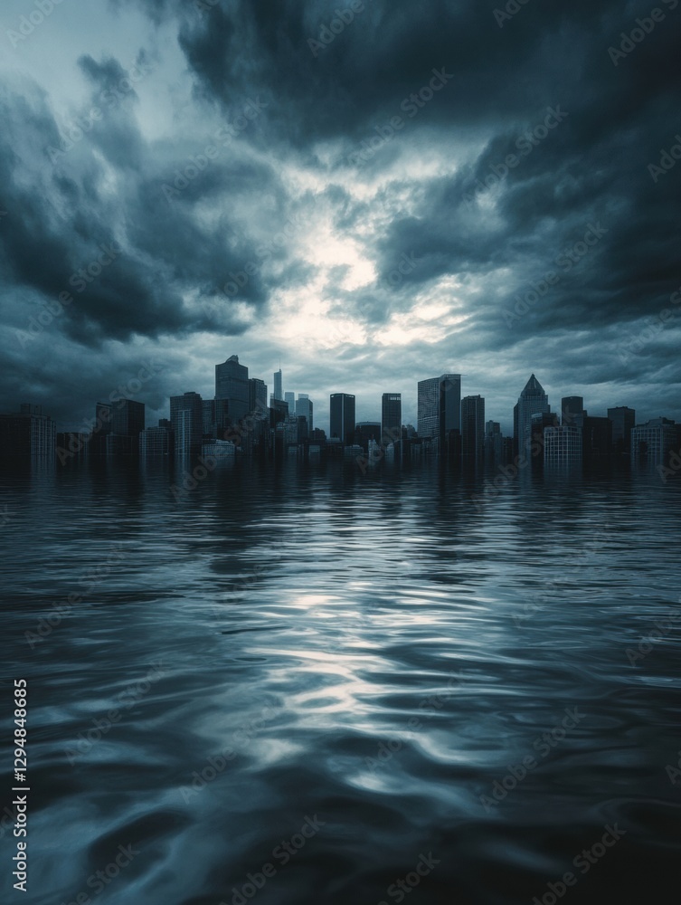 Poster urban landscape submerged in floodwater under dramatic skies with light breaking through clouds. gen