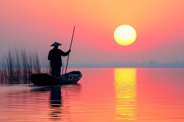 Silhouette of a person paddling a canoe during sunset with reflections on water