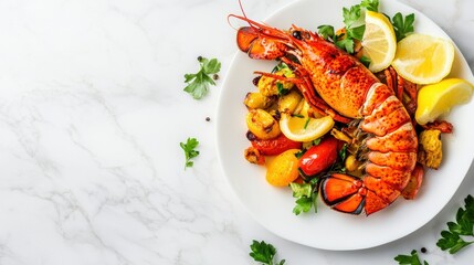 Lobster Tail with Roasted Vegetables and Lemon Wedges