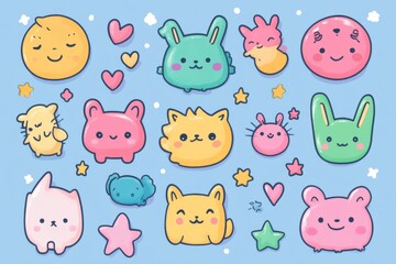 Obraz premium Seamless pastel-colored pattern featuring adorable cartoon animals with playful expressions