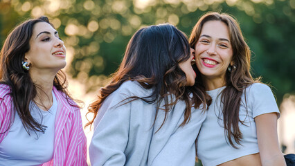 Obraz premium Three beautiful young women posing for the camera on a sunny day in a tree-filled park