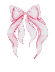 Watercolor illustration of cute and long pink coquette bow ribbon png on transparent background valentine feminine design hand drawn