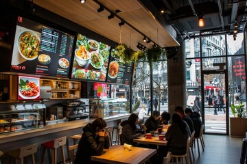 Modern restaurant with diverse menu shown on dynamic signs, diners enjoying meals at tables, Dynamic signage advertising a diverse menu